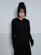 FLOWER WAFFLE BUTTON HOODIE - BLACK