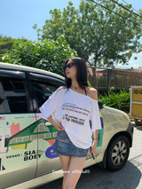 Barcode unbuttoned shoulder loose fit tee