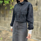 ブラックルーズフィットクロップドデニムジャケット code 20003