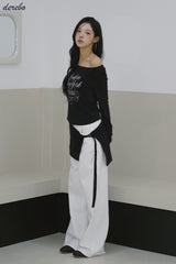 wide neck lettering normal fit long-sleeved T-shirt