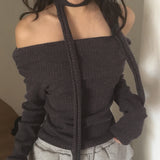 Lucole Shirring Off-Shoulder Knit muffler choker set