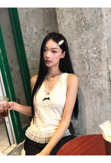 Best Lace V-neck Frill Sleeveless T-shirt