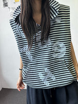 Swan Stripe Letter Patch Hooded Sleeveless Top 3color