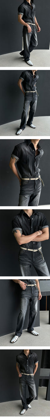 [MUSCLE FIT] Slit snap button denim shirts (3color)