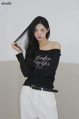 wide neck lettering normal fit long-sleeved T-shirt