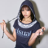 ローズレースビーズフードTシャツ [チャコール]