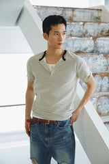Stripe slim henley neck half t-shirts(Ivory)