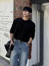 Waffle diagonal button crop long-sleeve t-shirt