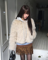 Hoa Color-block Hooded Zip-up Fur Jacket