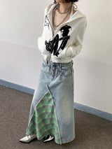 Denim patchwork checked fishtail skirt