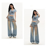 Light blue gradient blush washed straight leg floor-length jeans