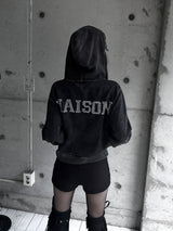 back cubic semi-crop hooded zip-up