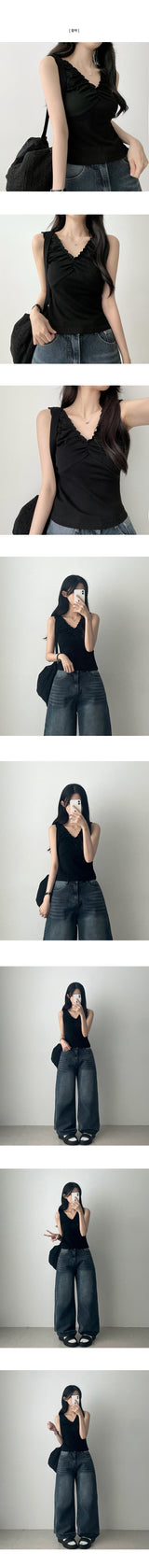 Carn spandex シャーリングフリルVネックノースリーブナシベスト