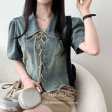Yuko subtle washing eyelet denim collar short sleeve blouse