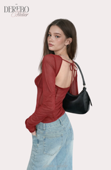 red square chiffon long-sleeve blouse