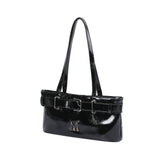SENTIC METAL LOGO FRONT BELTED LEATHER SHOULDER BAG UNISEX