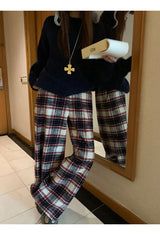 Cotton Check Casual Wide Pants