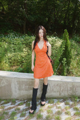 orange deep V-neck halter neck mini dress