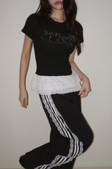 Black Lettering Beads Lace Frill Short-Sleeved T-Shirt