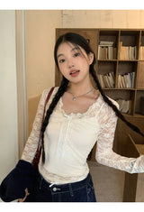 Lace shirring two-piece long-sleeved blouse T-shirt