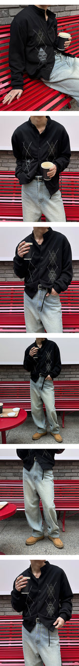 [Unisex] アーガイルパターンハーフネックカーディガン(2color)