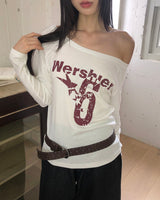 Dua Number Star-printing unbalanced off-shoulder long-sleeve T-shirt