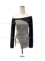 バターフルレタリングアンバランスオフショルダー長袖Tシャツ