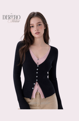 ブラック ピンク レイヤード ニット トップ