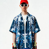 [UNISEX] Automobile Parts Camp-Collar Printed Shirt (Blue)