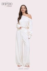 ワッフル アシンメトリカル オフショルダー スウェットパンツ セット (TOP+PANTS SET)