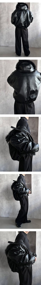 [F/W] Leather raccoon fur hood jumper