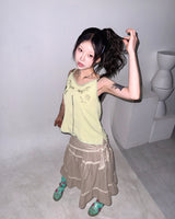 (2color) Scarf Slub Stripe Lace Tiered Skirt