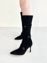 1068. Strap buckle stiletoe long boots heel (2color)