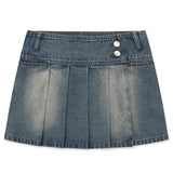 LOW-WAIST UNBLUELNCE DENIM PLEATS MINI SKIRT [BLUE]