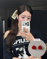 [Kwon Eunbi Earrings] プチローズカボションピアス - Red