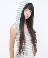 STRIPE HENLEY HOOD SLEEVELESS - GRAY