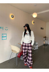 Cotton Check Casual Wide Pants
