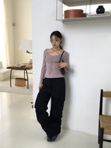 Comfo ビンテージクロスストラップディープUネック長袖Tシャツ