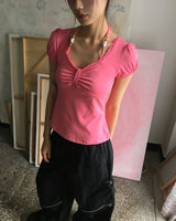 Code Beads Ribbon Shirring Puffed Short-Sleeved T-Shirt