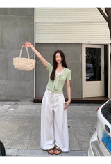 グリーンレイヤードVネックショートスリーブニットTシャツ