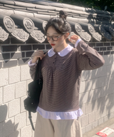 Round collar striped frill T-shirt