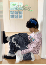 ブルーチェックレースドローストリングポケットパンツ