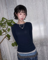 (3color) シャーリングストライプレイヤードウォーマーT [Thin Long Sleeve Tee]