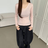 V-neck Side Shirring Point Daily Slim Fit Long-Sleeved T-Shirt