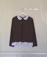 Round collar striped frill T-shirt