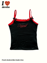レッドボウレタリングレーススリーブレスTシャツ