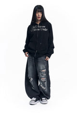 Lettering Embroidered Hoodie Zip-Up - Black