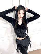1073. Velvet V wrap hood top (3color)