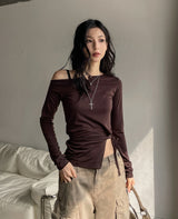 NP Slit Strap Unbalance Shoulder Long Sleeve