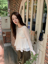 [SHOPPERMADE] サテンシルキーシフォンスリーブレスブラウス